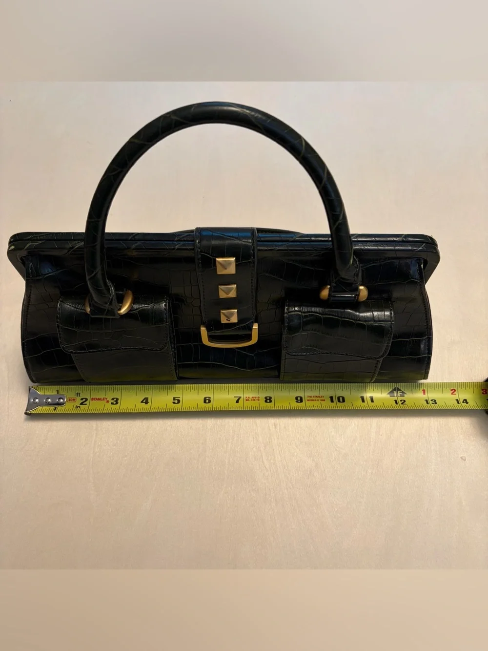 New York & Company Faux Crocodile Top-Handle Bag in Dark Green w/ Gold Hardware